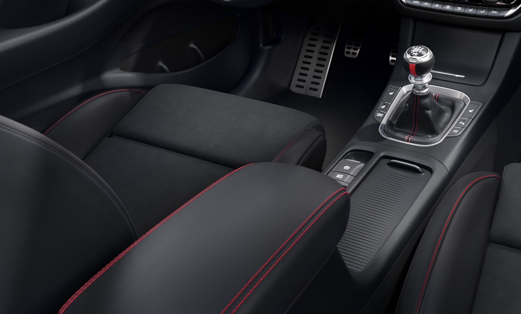 Close-up of the red accent stitching in the new Hyundai i30 N Line Fastback interior.
